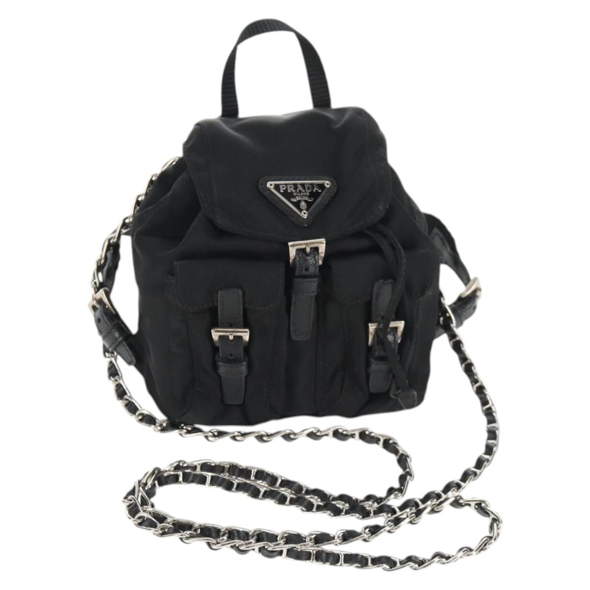 PRADA Chain Shoulder Bag Nylon Black Silver Auth 128179M