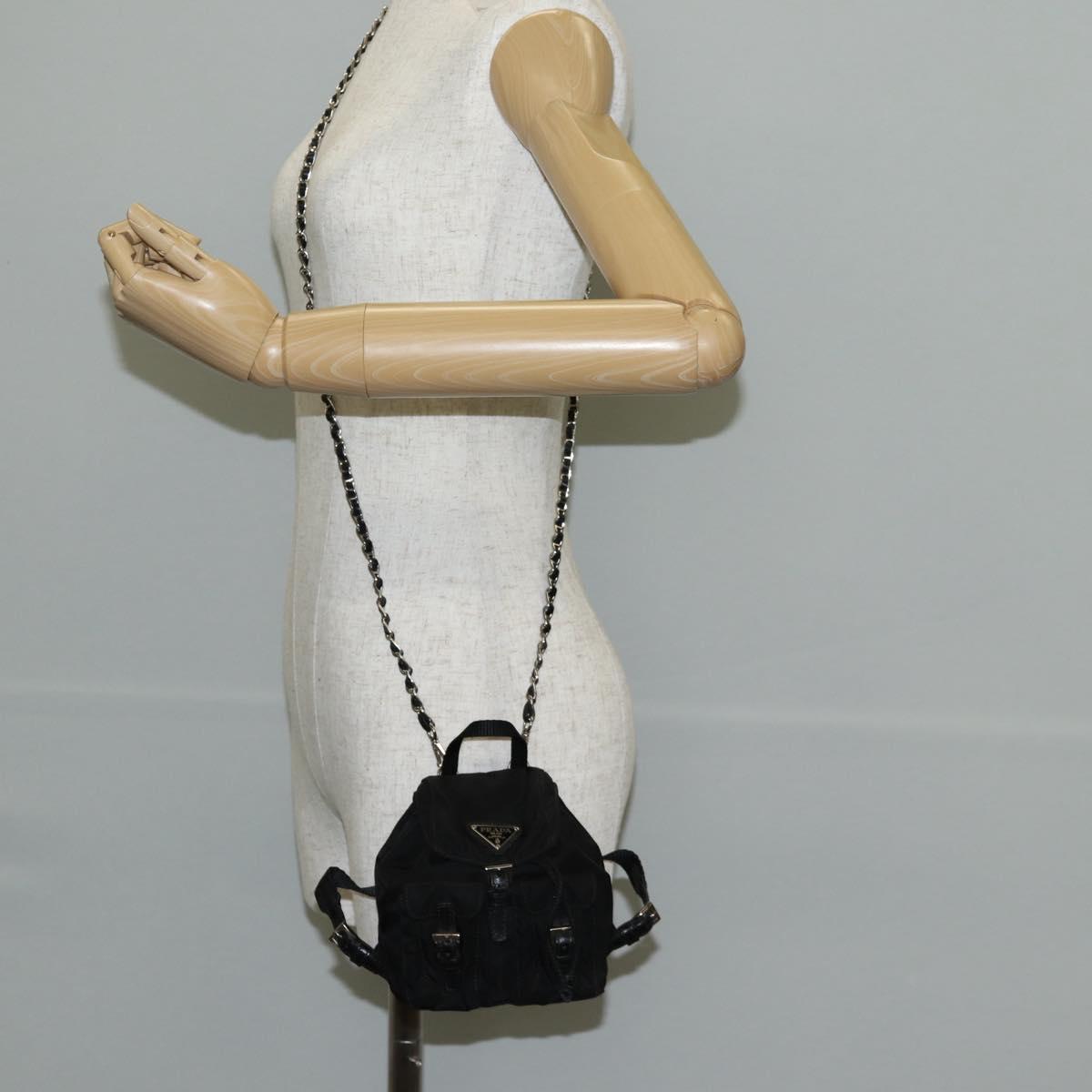PRADA Chain Shoulder Bag Nylon Black Silver Auth 128179M