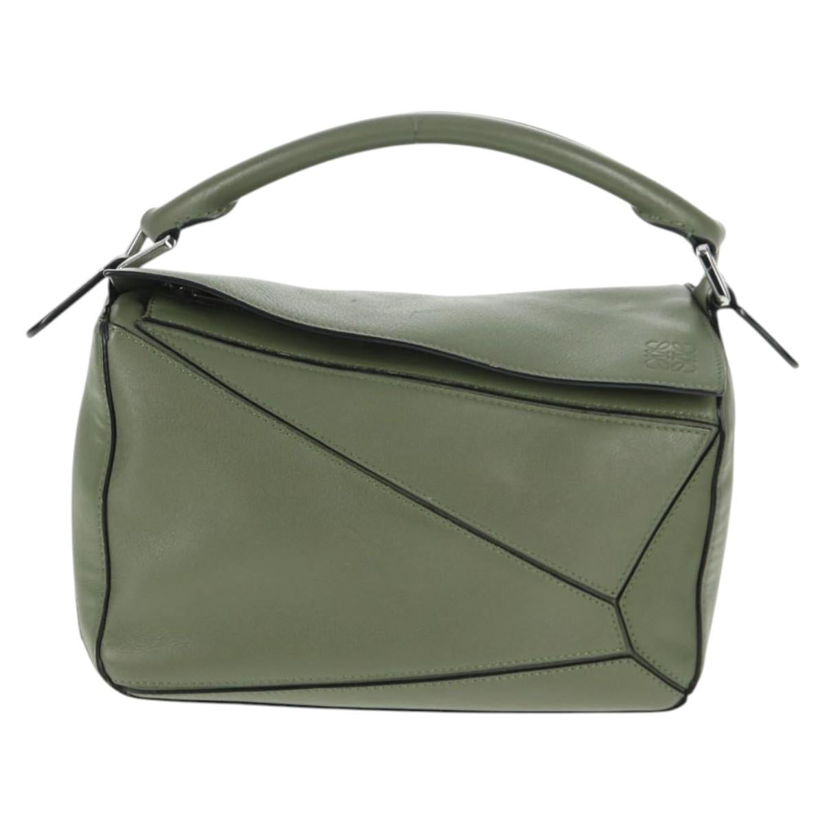 LOEWE Anagram Puzzle Hand Bag Leather Khaki Silver Auth 128180M