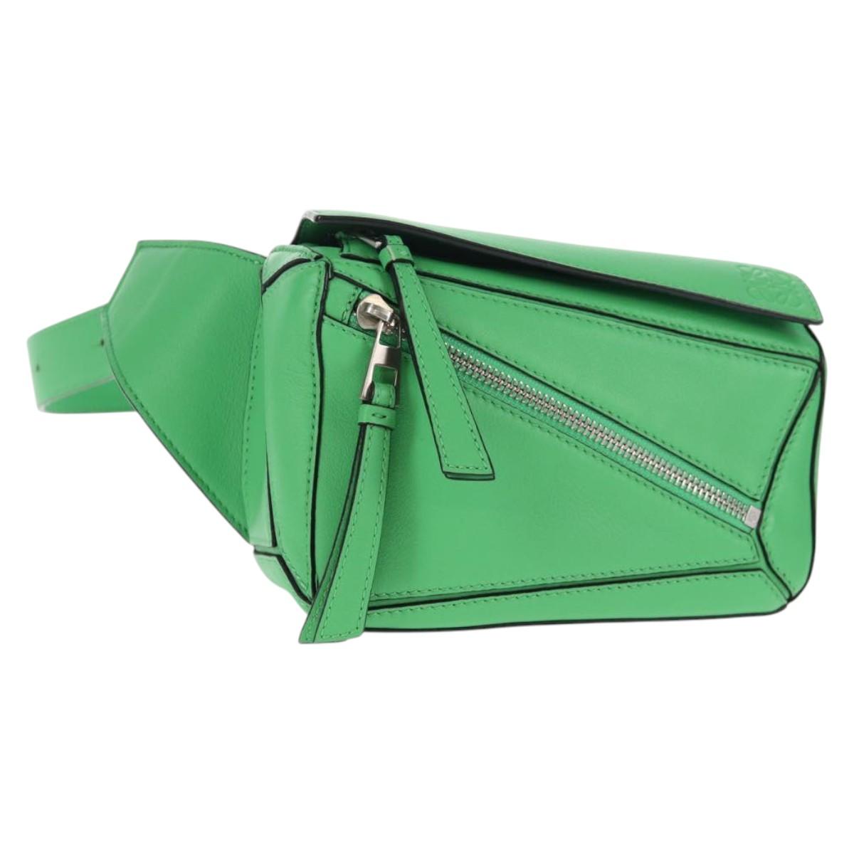 LOEWE Puzzle bag Anagram Waist bag Leather Green Silver Auth 128181M
