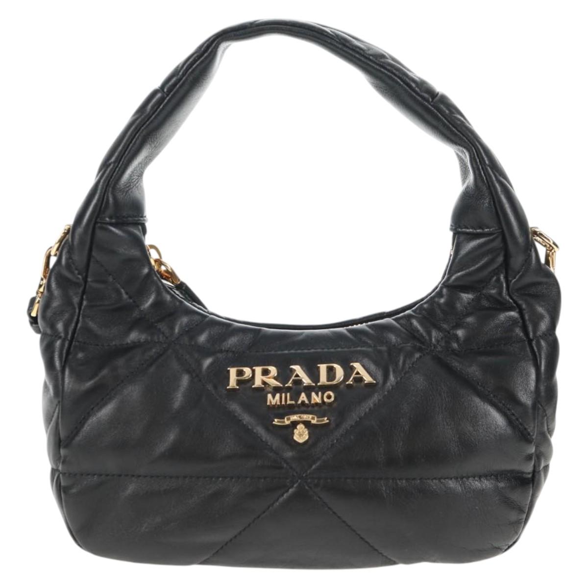 PRADA Hand Bag Leather 2way Black Gold Auth 128189M