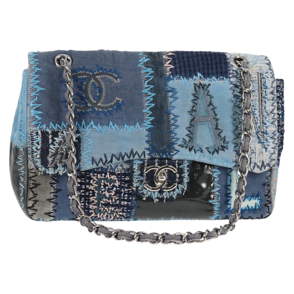 CHANEL Patchwork Chain Shoulder Bag Canvas Blue Silver CC Auth 128192SM