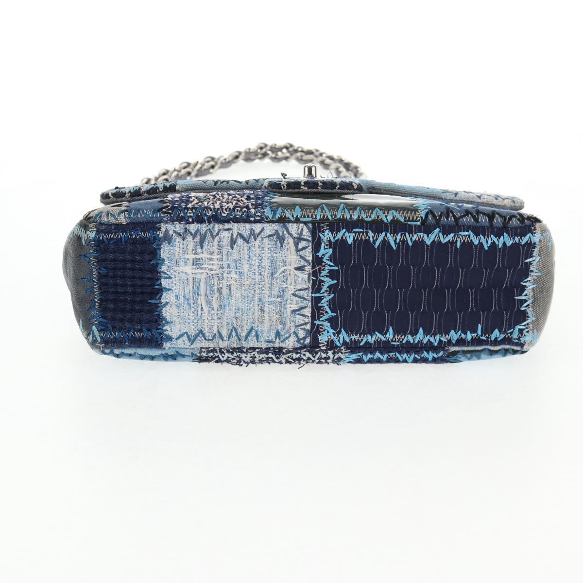 CHANEL Patchwork Chain Shoulder Bag Canvas Blue Silver CC Auth 128192SM