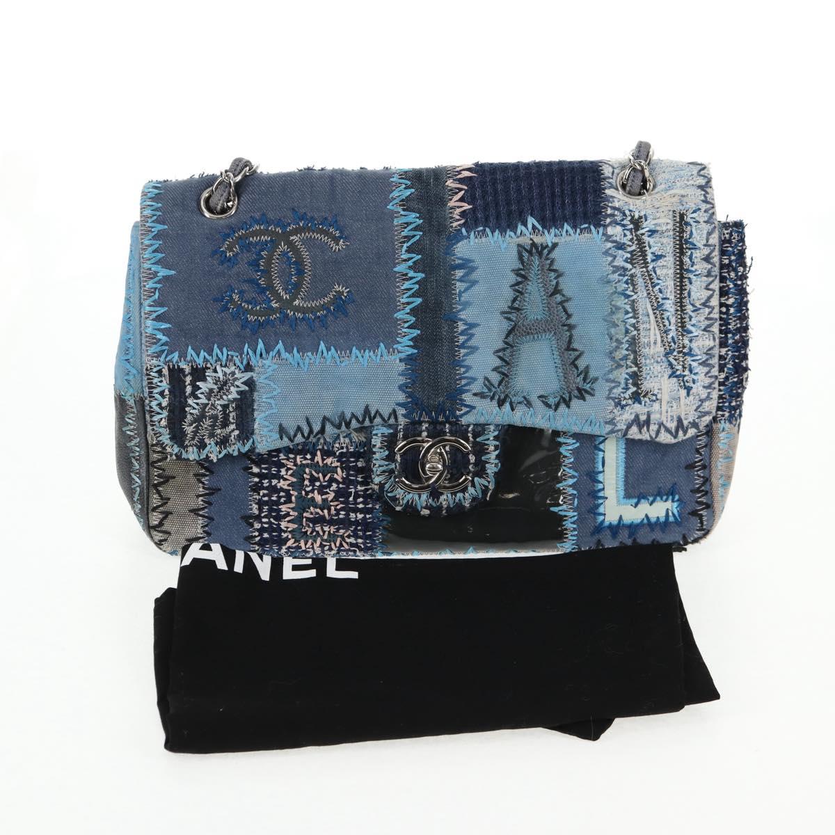 CHANEL Patchwork Chain Shoulder Bag Canvas Blue Silver CC Auth 128192SM