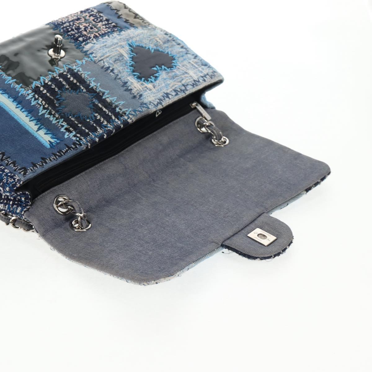 CHANEL Patchwork Chain Shoulder Bag Canvas Blue Silver CC Auth 128192SM