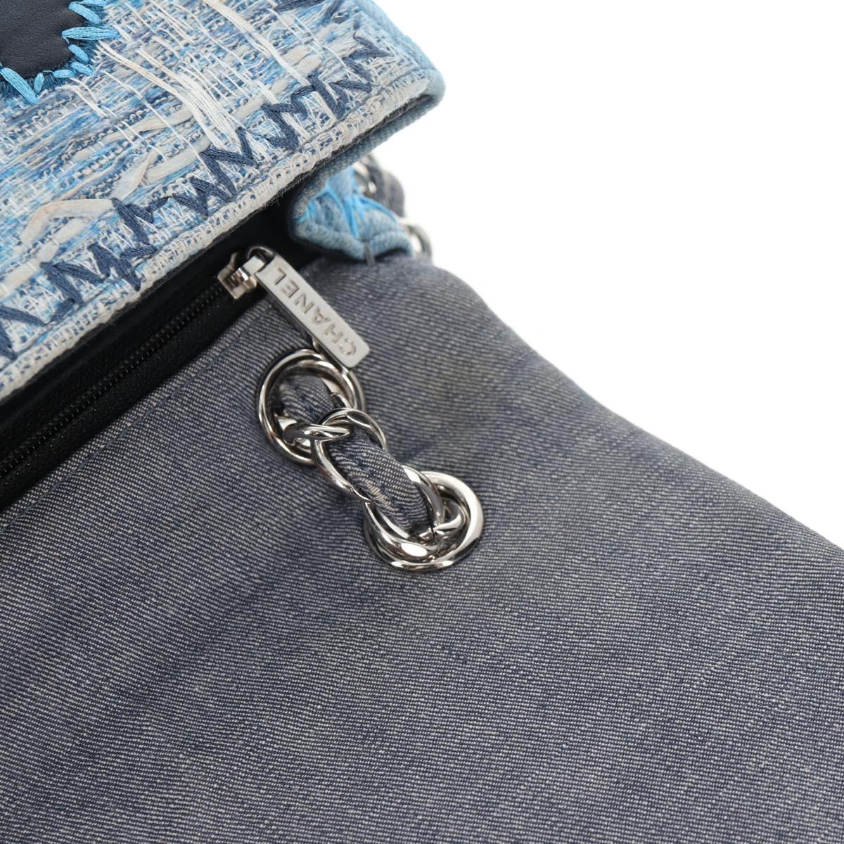 CHANEL Patchwork Chain Shoulder Bag Canvas Blue Silver CC Auth 128192SM
