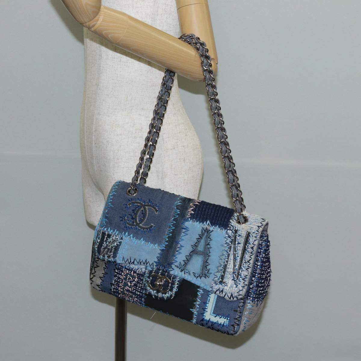 CHANEL Patchwork Chain Shoulder Bag Canvas Blue Silver CC Auth 128192SM