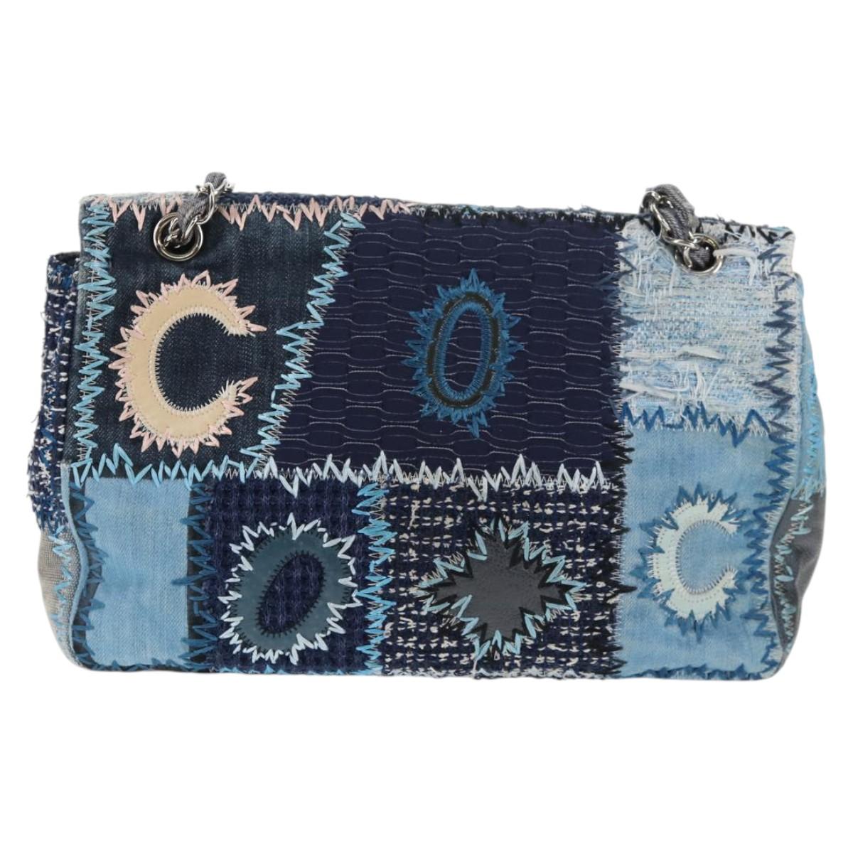 CHANEL Patchwork Chain Shoulder Bag Canvas Blue Silver CC Auth 128192SM