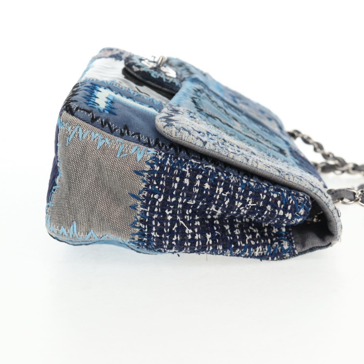 CHANEL Patchwork Chain Shoulder Bag Canvas Blue Silver CC Auth 128192SM