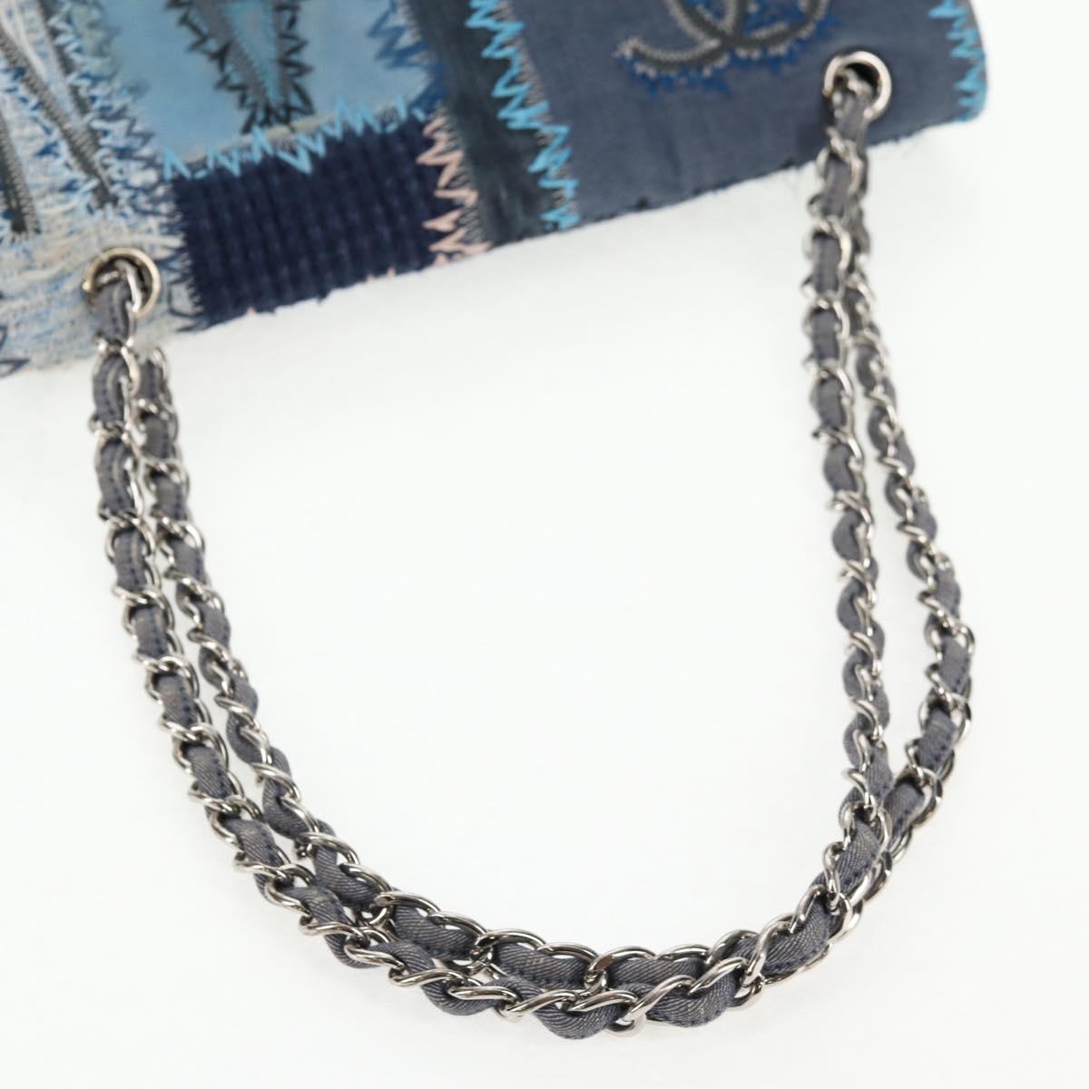 CHANEL Patchwork Chain Shoulder Bag Canvas Blue Silver CC Auth 128192SM