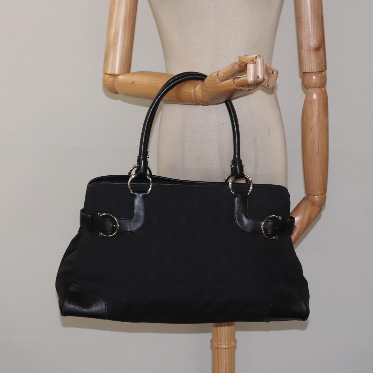 Salvatore Ferragamo Gancini Hand Bag Nylon Black Silver Auth 128232