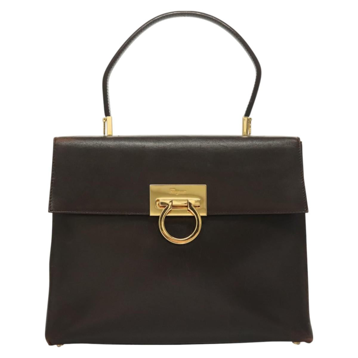 Salvatore Ferragamo Gancini Hand Bag Leather 2way Brown Gold Auth 128233