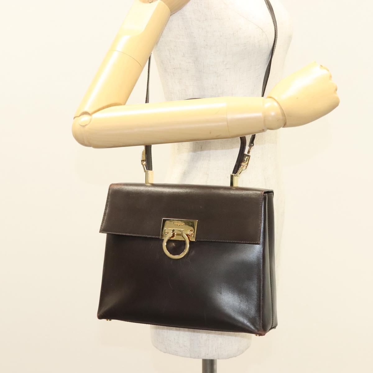 Salvatore Ferragamo Gancini Hand Bag Leather 2way Brown Gold Auth 128233