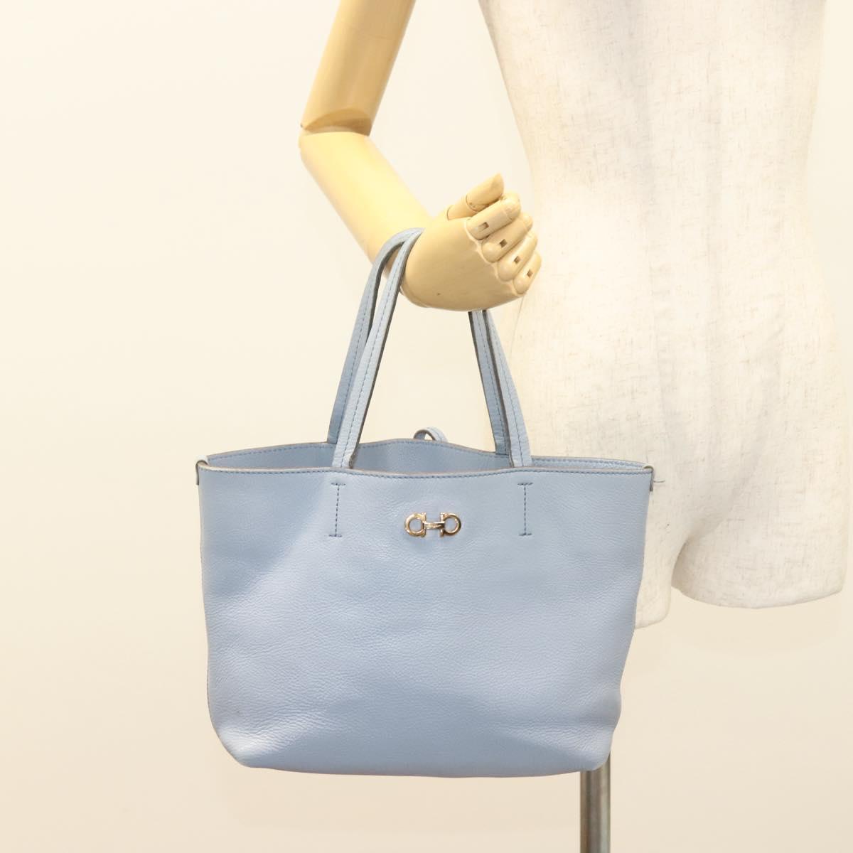 Salvatore Ferragamo Gancini Hand Bag Leather Light Blue Gold Auth 128234