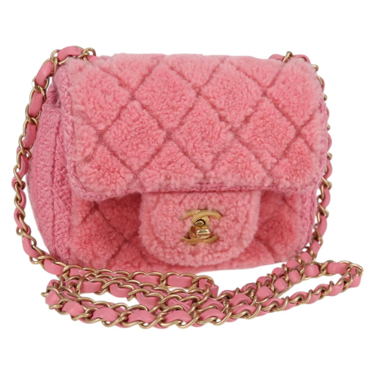 CHANEL Matelasse Chain Shoulder Bag Wool Pink Gold CC Auth 128240SM