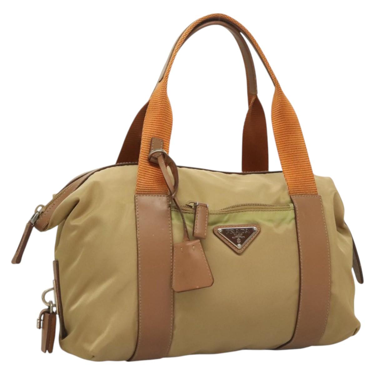 PRADA Hand Bag Nylon Beige Silver Auth 128334