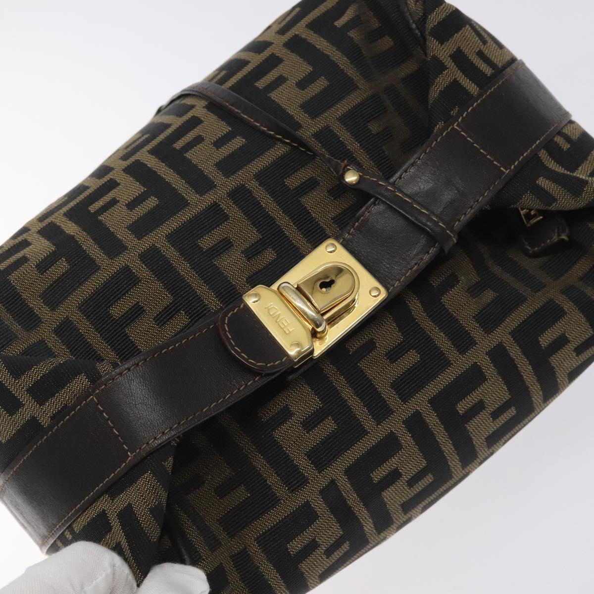FENDI Zucca Canvas Vanity Pouch Brown Black Auth 128359
