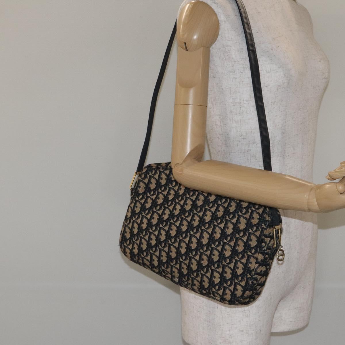 Christian Dior Trotter Canvas Shoulder Bag Navy Gold Auth 128360