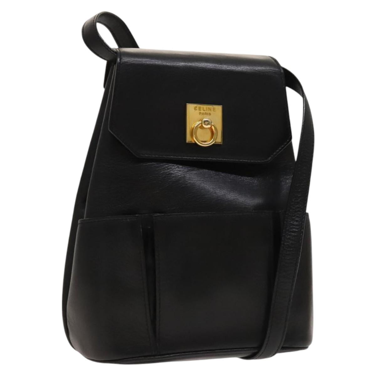 CELINE Shoulder Bag Leather Black Gold Auth 128438