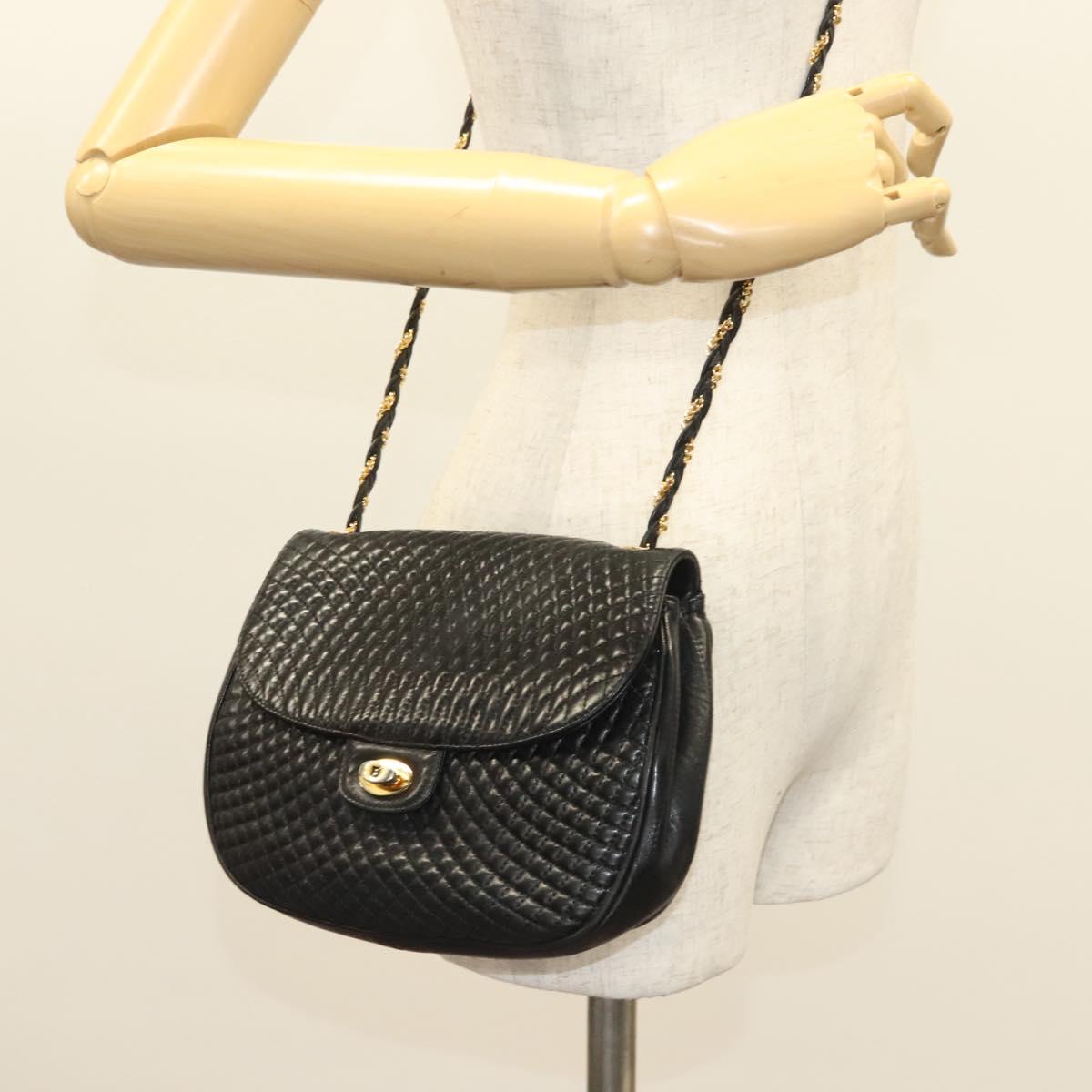 BALLY Chain Shoulder Bag Leather Black Gold Auth 128440