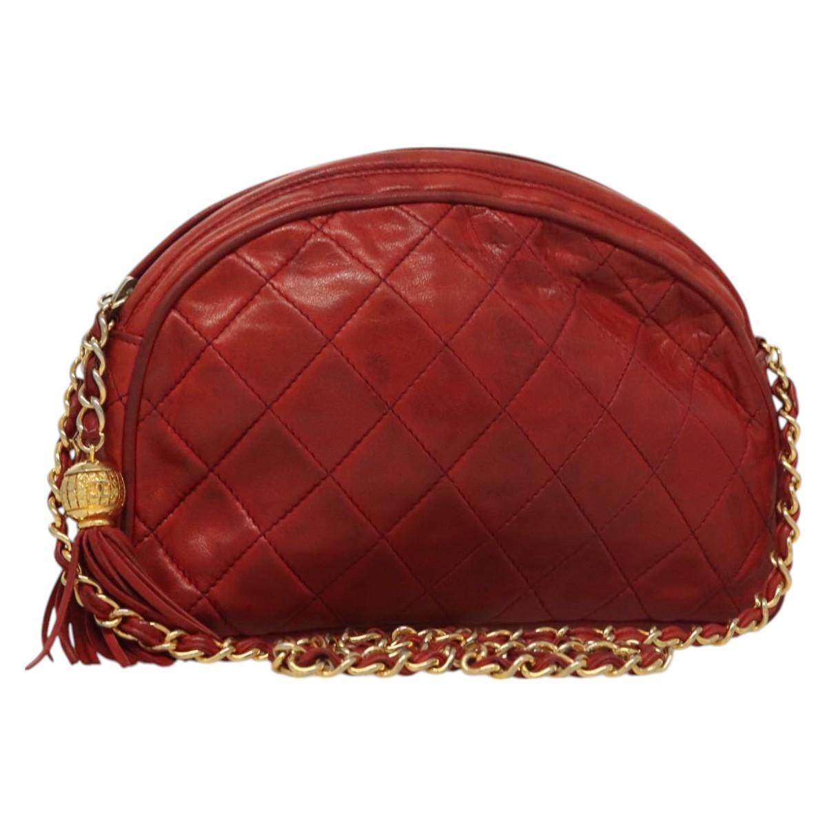 CHANEL Matelasse Chain Shoulder Bag Lamb Skin Red Gold CC Auth 128443