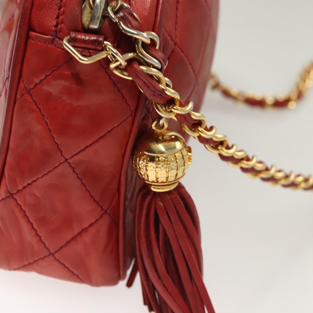 CHANEL Matelasse Chain Shoulder Bag Lamb Skin Red Gold CC Auth 128443