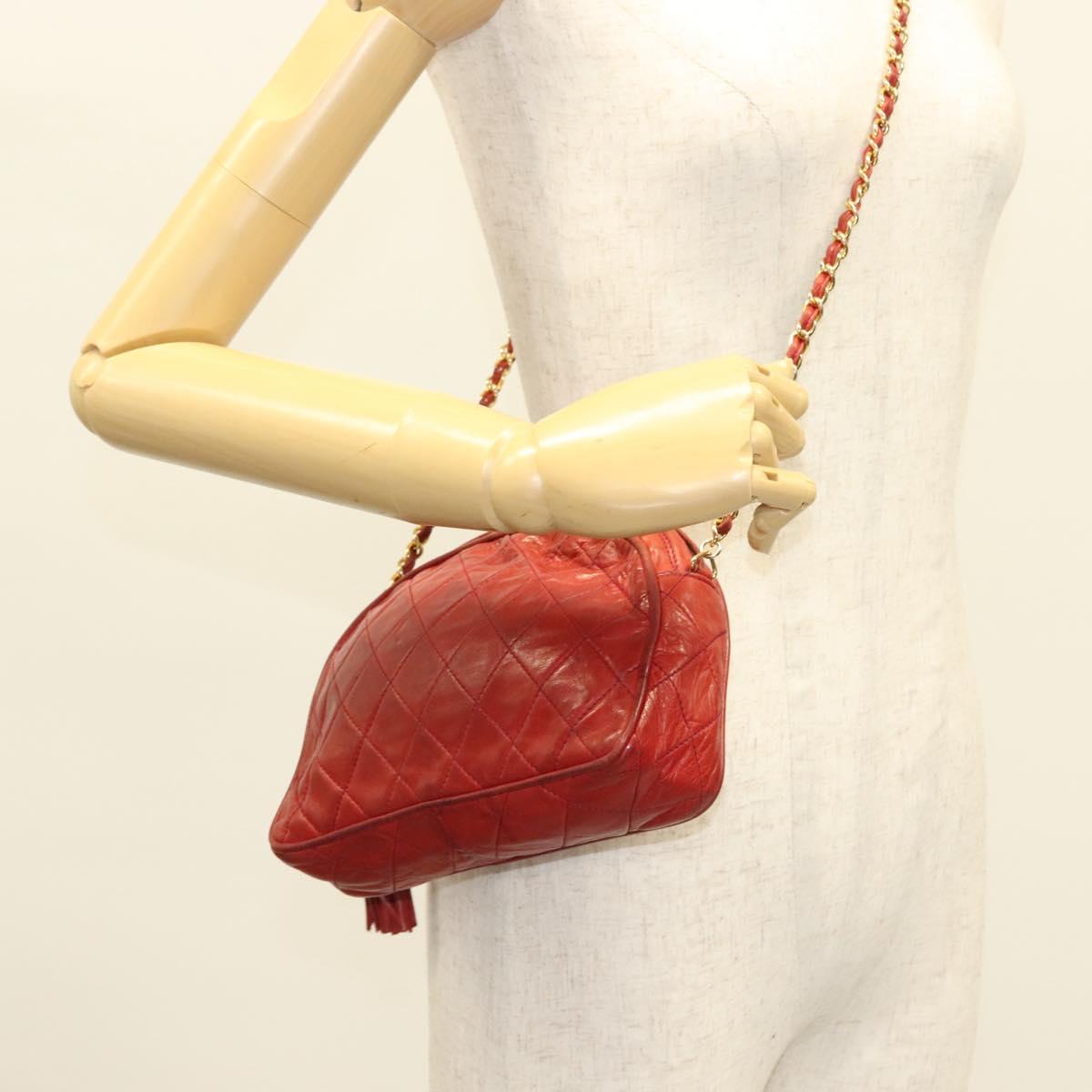 CHANEL Matelasse Chain Shoulder Bag Lamb Skin Red Gold CC Auth 128443
