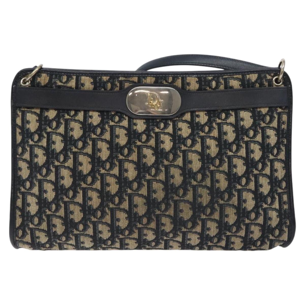 Christian Dior Trotter Canvas Shoulder Bag Navy Gold Auth 128445