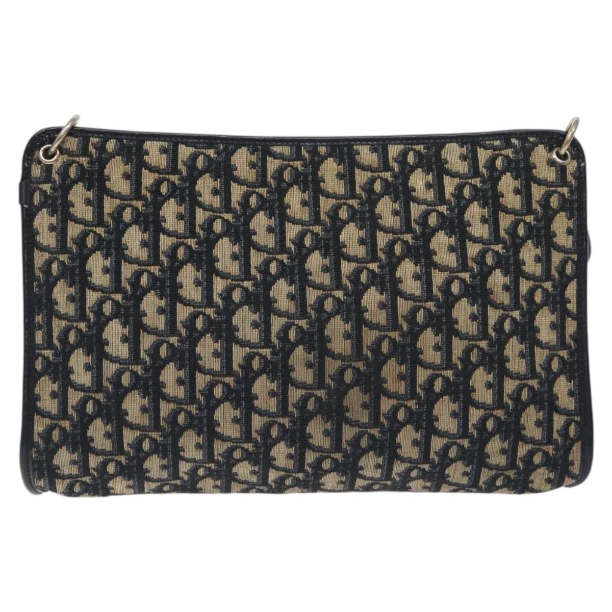 Christian Dior Trotter Canvas Shoulder Bag Navy Gold Auth 128445