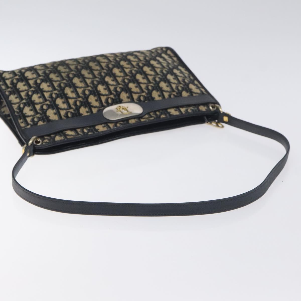Christian Dior Trotter Canvas Shoulder Bag Navy Gold Auth 128445