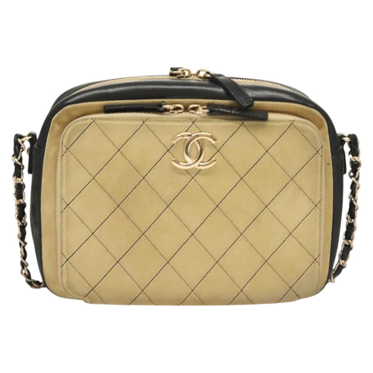 CHANEL Matelasse Chain Shoulder Bag Suede Ivory Gold CC Auth 128451