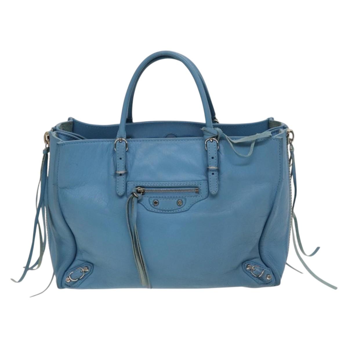 BALENCIAGA The Paper Hand Bag Leather 2way Light Blue Silver 370926 Auth 128459