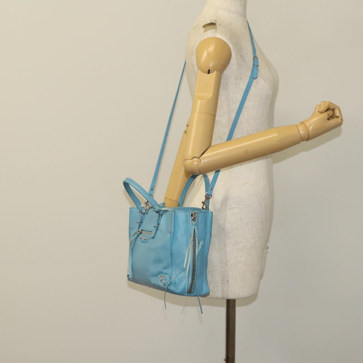 BALENCIAGA The Paper Hand Bag Leather 2way Light Blue Silver 370926 Auth 128459