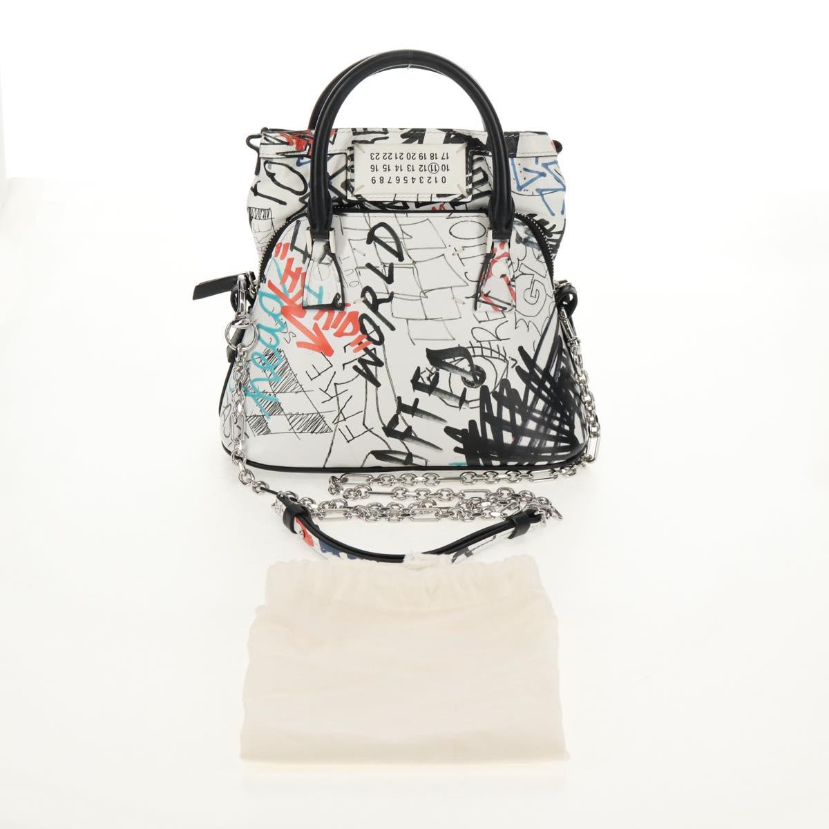 Maison Margiela Chain Hand Bag Leather 2way White Black Silver Auth 128505M
