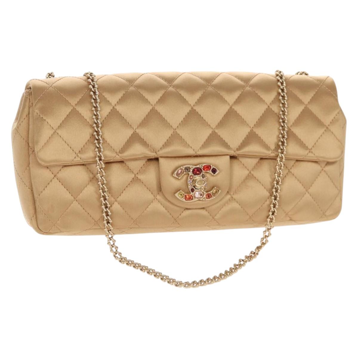 CHANEL Chain Matelasse Shoulder Bag Satin Gold CC Auth 128521M