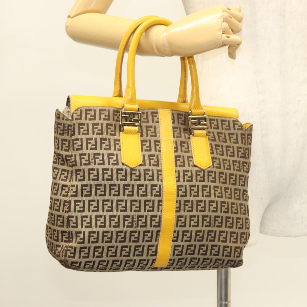 FENDI Zucchino Canvas Hand Bag Brown Gold Auth 128558