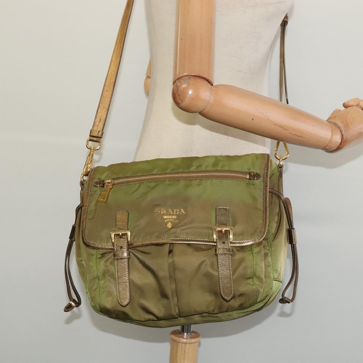 PRADA Shoulder Bag Nylon Green Gold Auth 128559