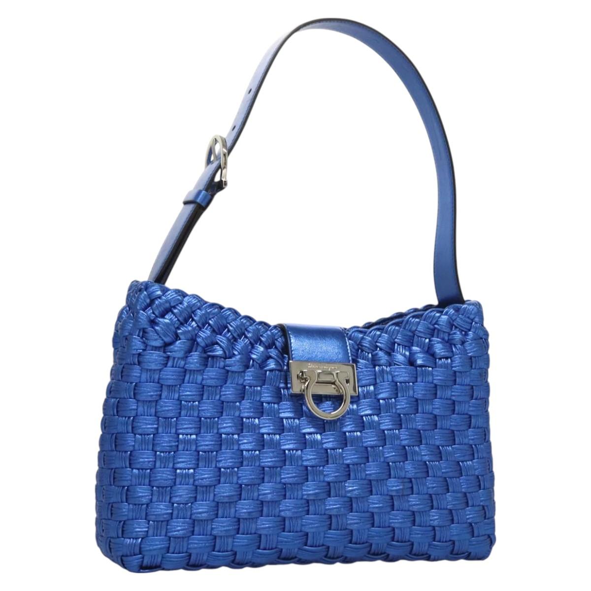 Salvatore Ferragamo Gancini Shoulder Bag Leather Blue Silver Auth 128561V