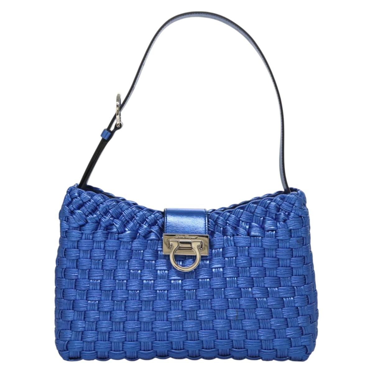 Salvatore Ferragamo Gancini Shoulder Bag Leather Blue Silver Auth 128561V