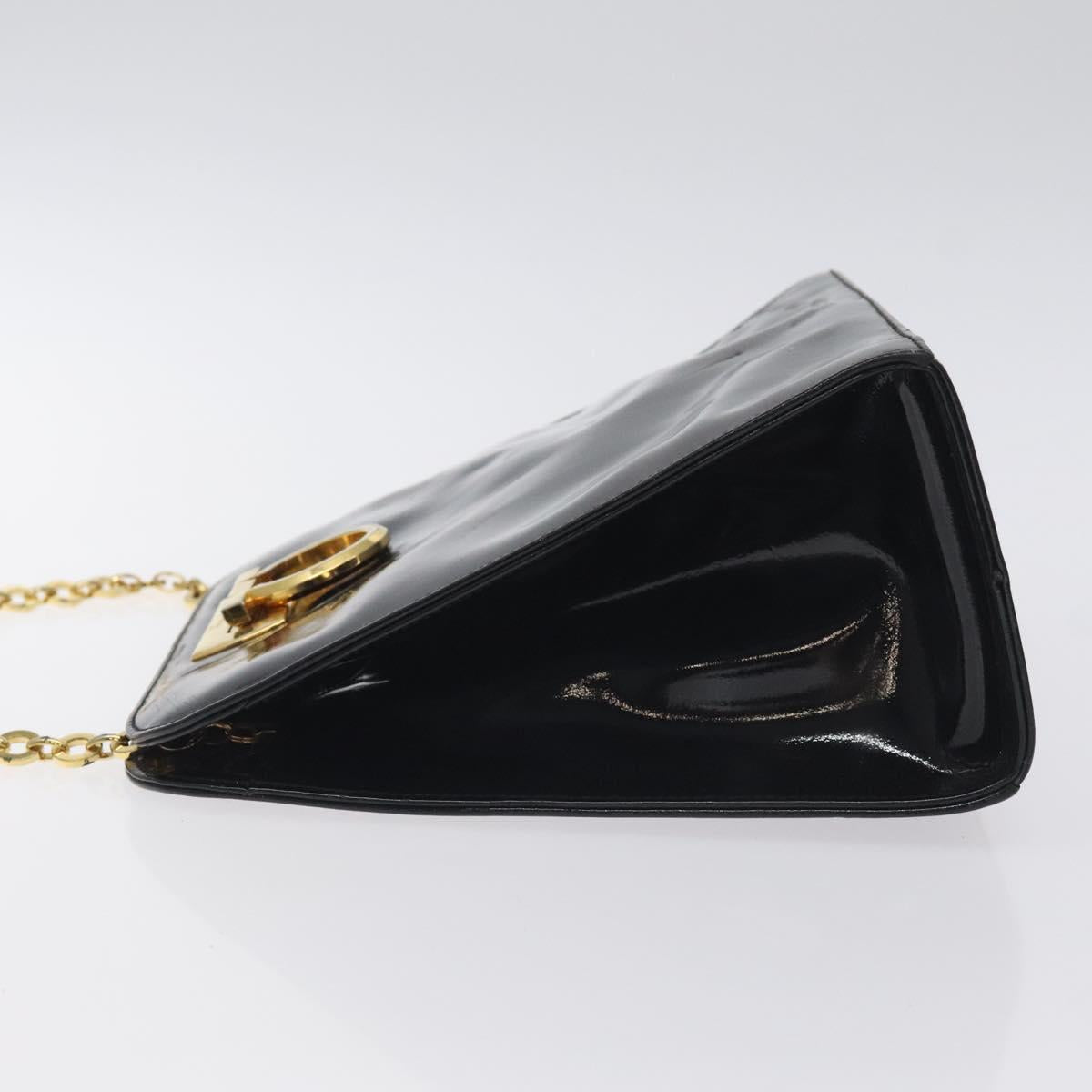 Salvatore Ferragamo Gancini Chain Shoulder Bag Enamel Black Gold Auth 128633