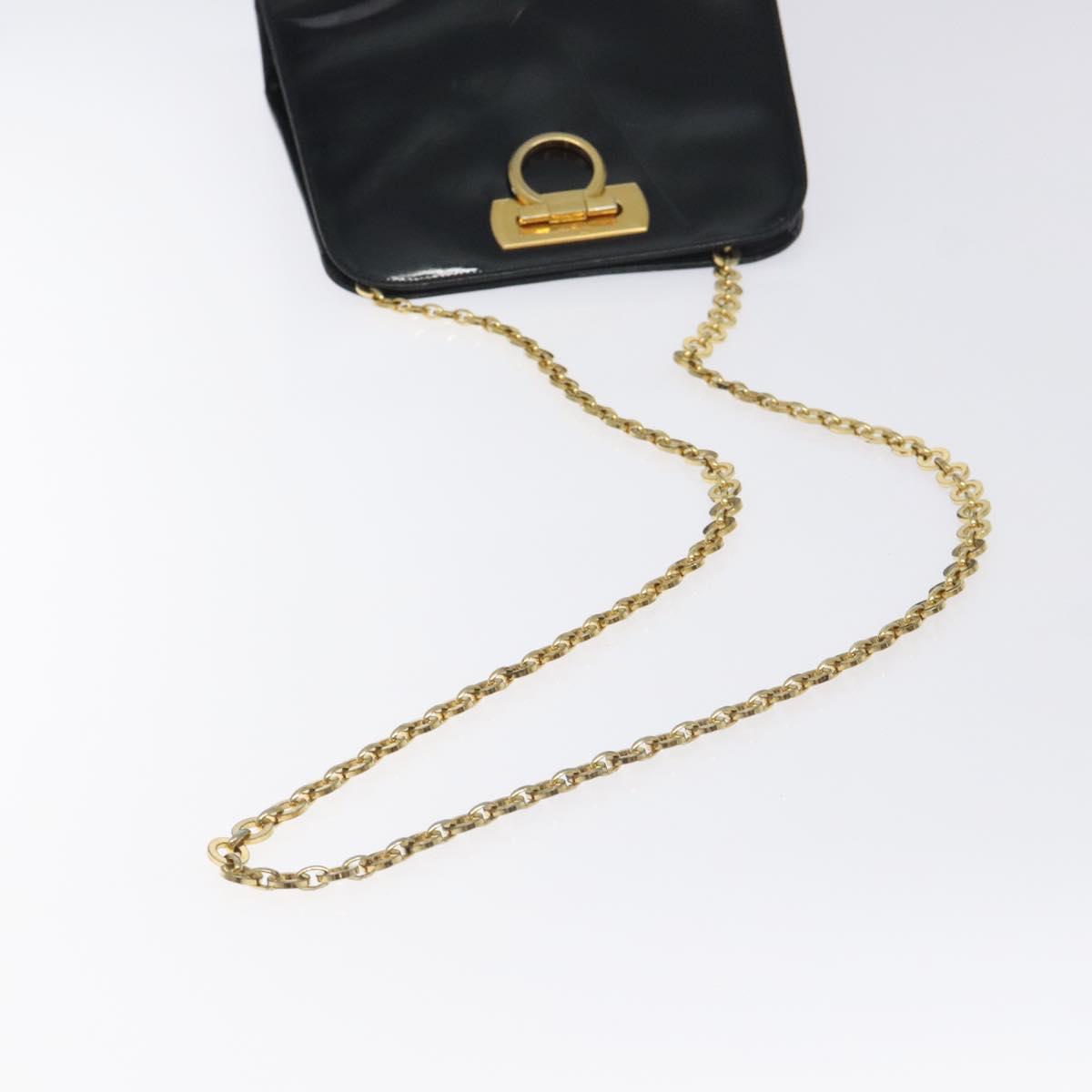 Salvatore Ferragamo Gancini Chain Shoulder Bag Enamel Black Gold Auth 128633