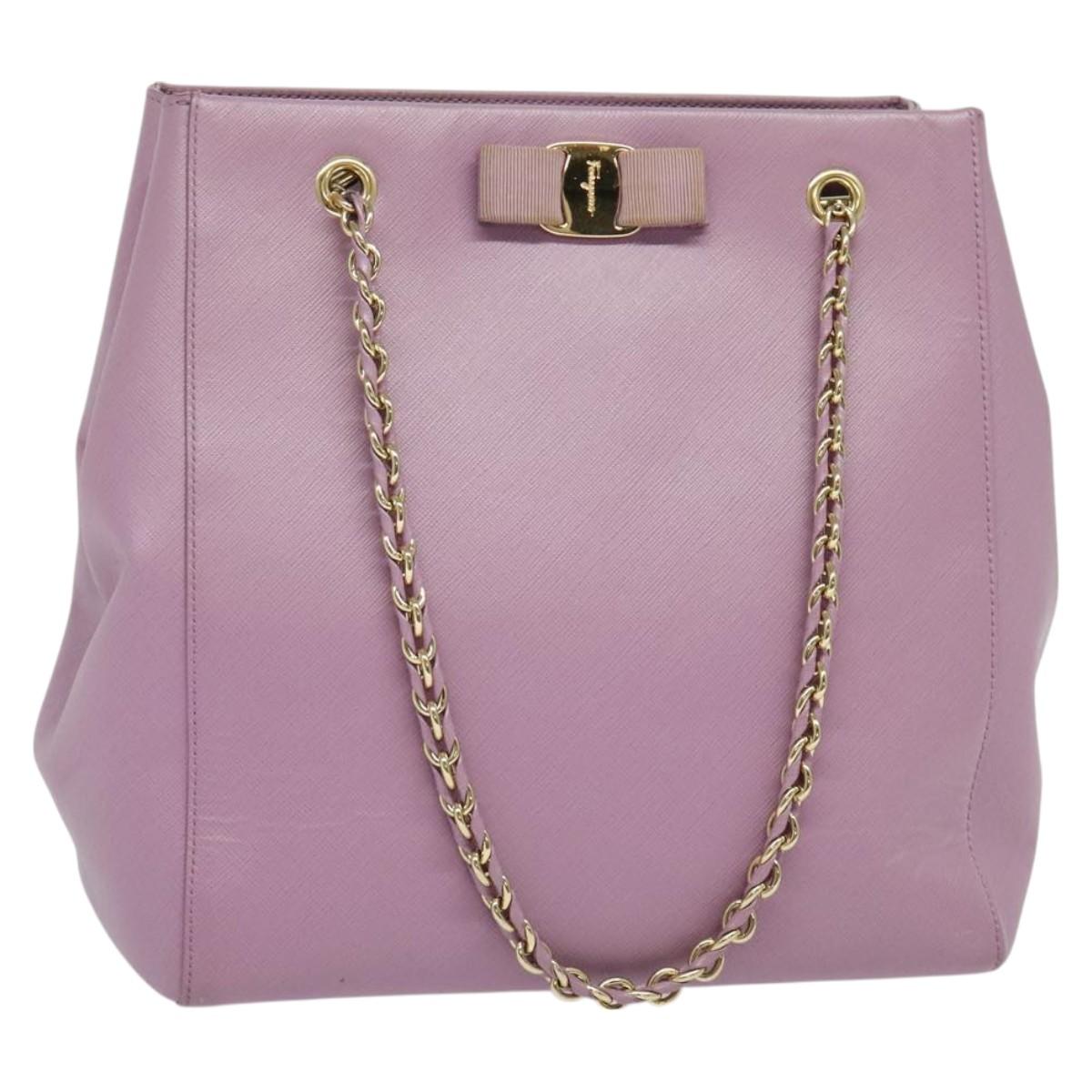Salvatore Ferragamo Vala Chain Tote Bag Leather Purple Gold Auth 128634