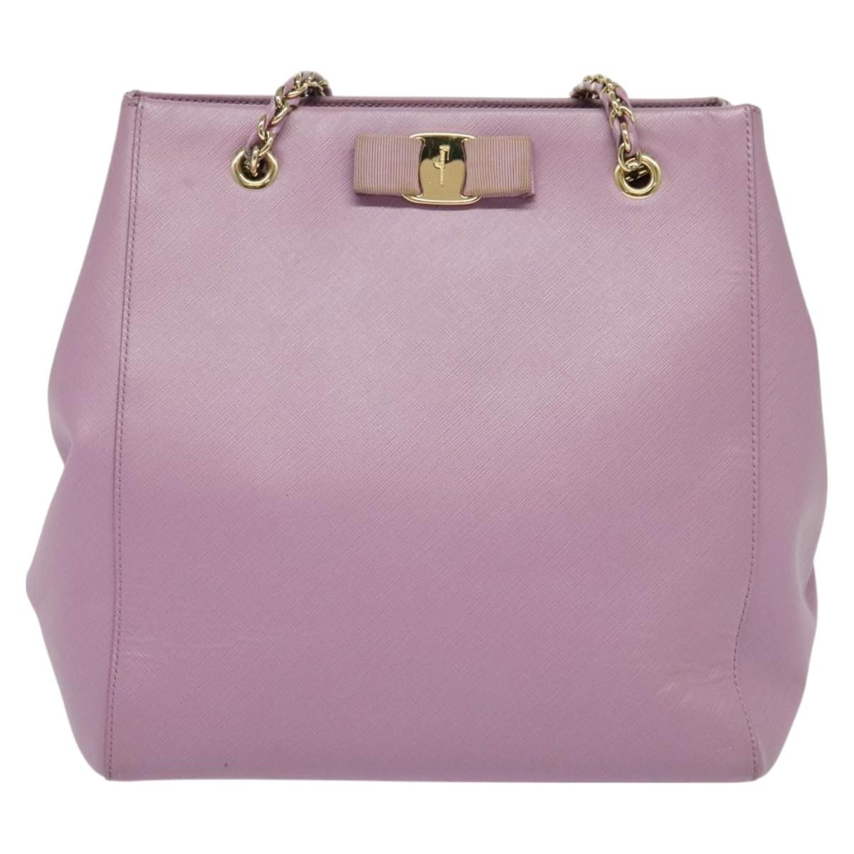 Salvatore Ferragamo Vala Chain Tote Bag Leather Purple Gold Auth 128634
