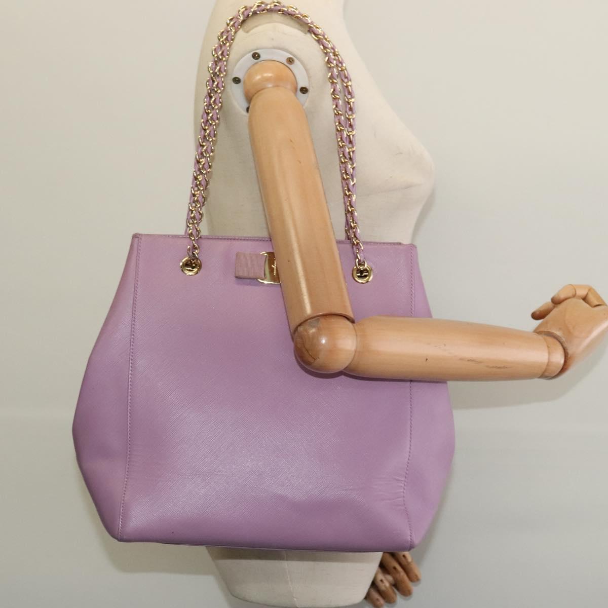 Salvatore Ferragamo Vala Chain Tote Bag Leather Purple Gold Auth 128634