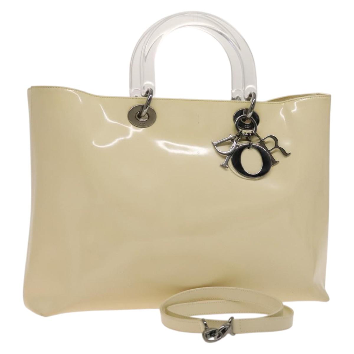 Christian Dior Hand Bag Patent leather 2way Ivory Silver Auth 128638