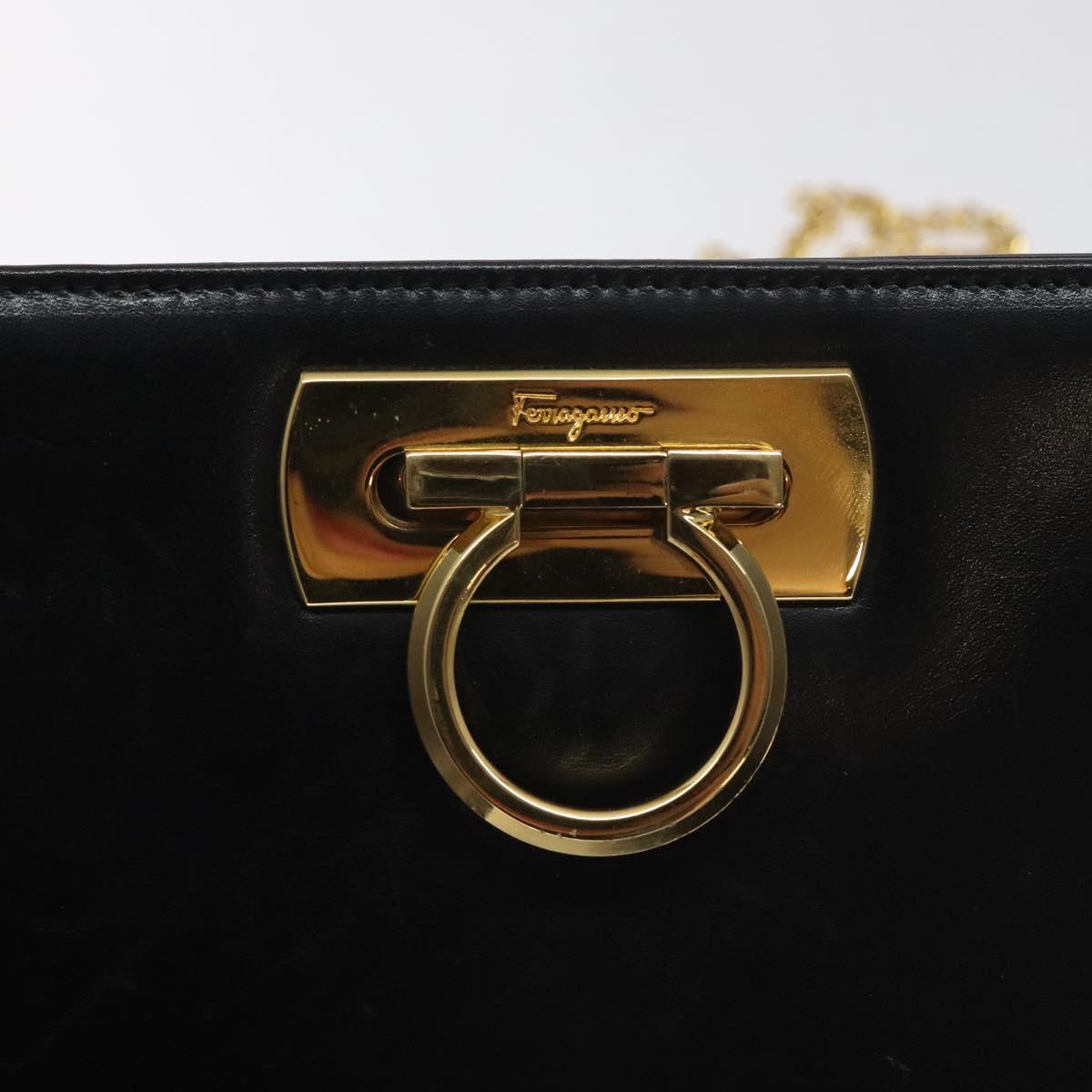 Salvatore Ferragamo Gancini Chain Shoulder Bag Leather Black Gold Auth 128664