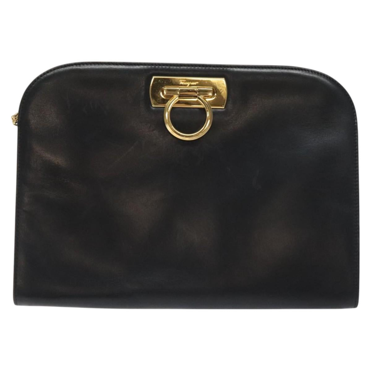 Salvatore Ferragamo Gancini Chain Shoulder Bag Leather Black Gold Auth 128664