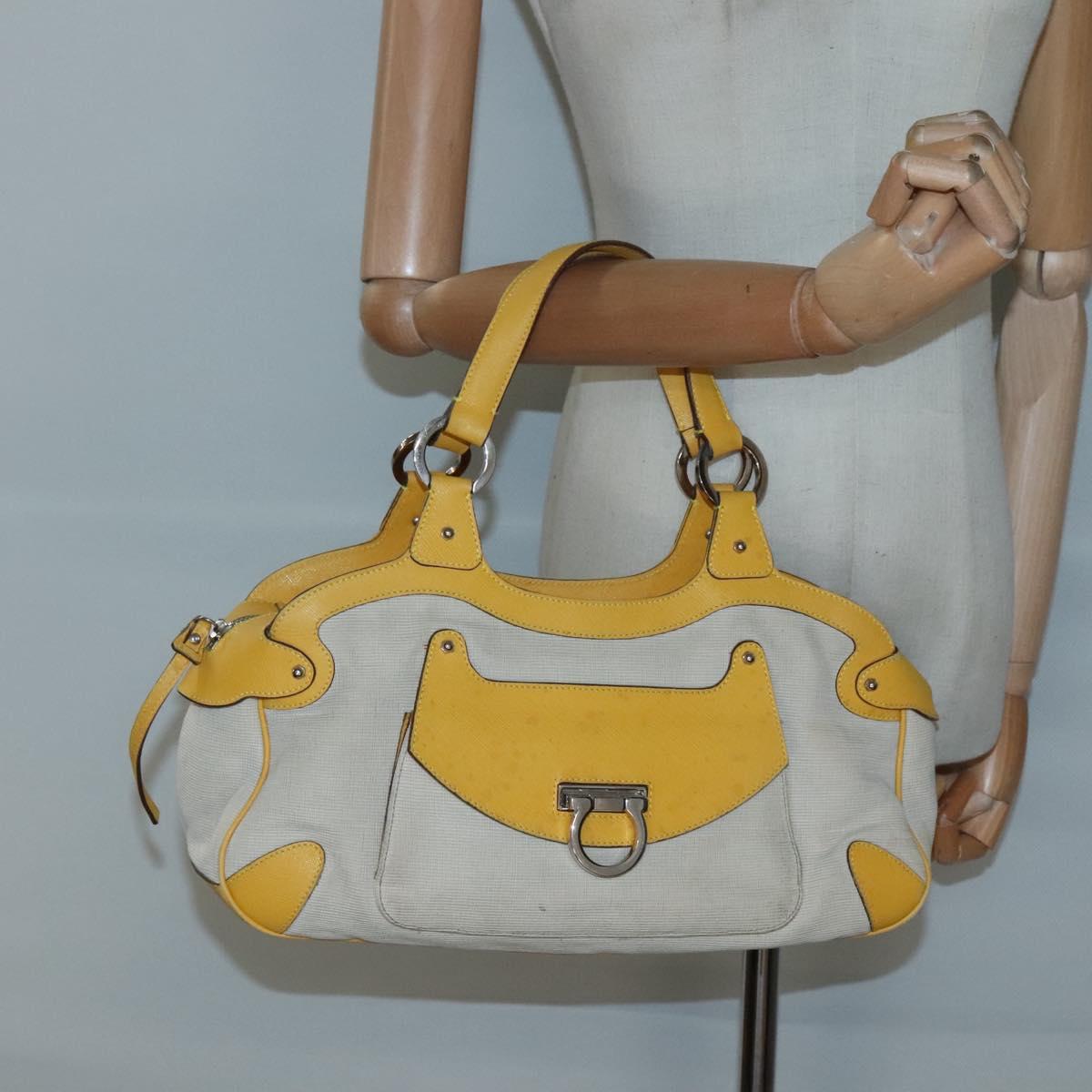 Salvatore Ferragamo Gancini Hand Bag Canvas Yellow Silver Auth 128676