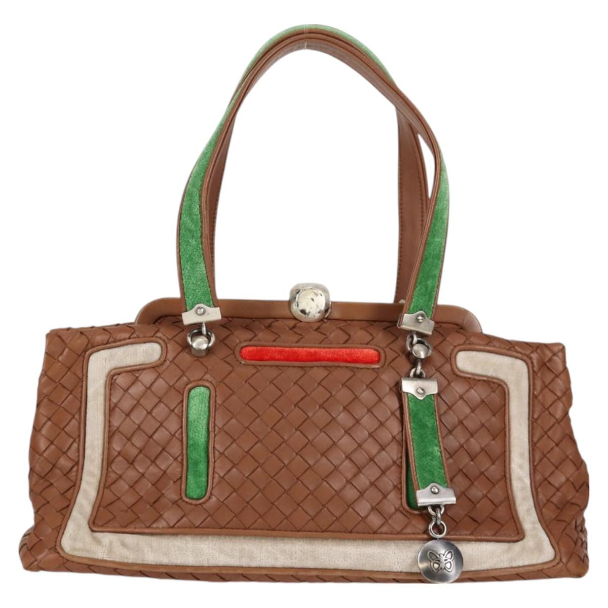 BOTTEGA VENETA INTRECCIATO Hand Bag Leather Brown Silver Auth 128721V