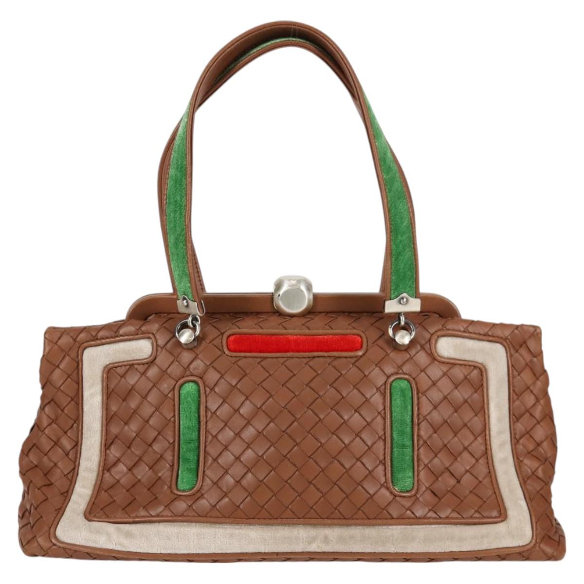 BOTTEGA VENETA INTRECCIATO Hand Bag Leather Brown Silver Auth 128721V